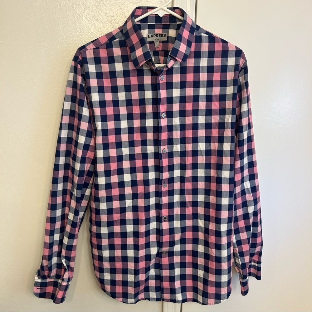 Express Men's Pink and Navy Plaid Button Down Shirt Size Large (16-16 1/2)